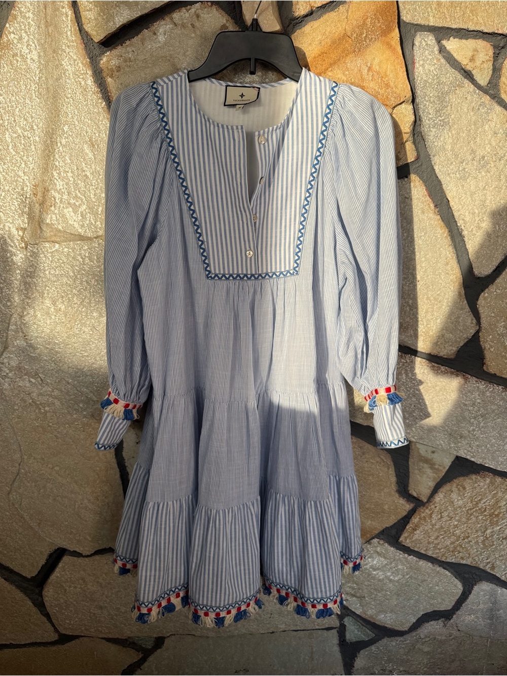 Tuckernuck Light Blue & White Striped Embroidered Tiered Dress